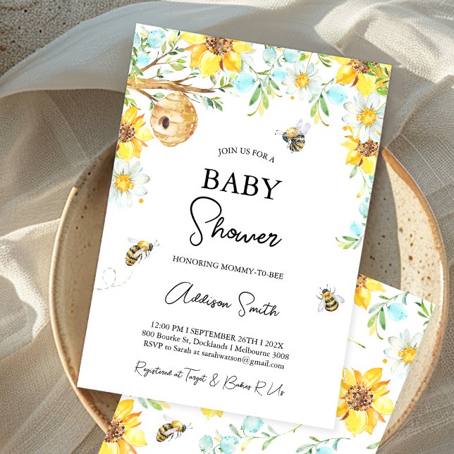 Invitation Fête Prénatale Maman Deviendra Abeille Fleurs Bleu (Boys Mommy-To-Bee Bee Themed Baby Shower Invitation Floral Bumble Bee baby Shower Invite, Honey Bee)