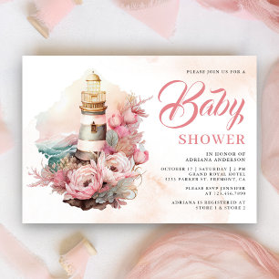 Invitation Fête prénatale marine phare floral rose bohème