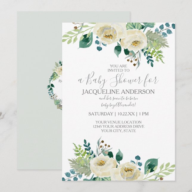 Invitation Fête Prénatale Mixte Aquarelle Feuillage (Devant / Derrière)