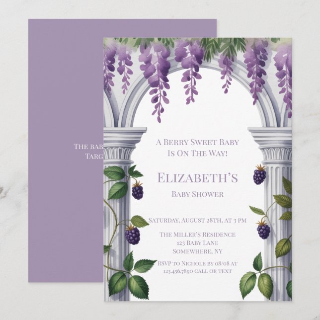 Invitation Fête Prénatale Mixte Mûres et Wisteria (Devant / Derrière)