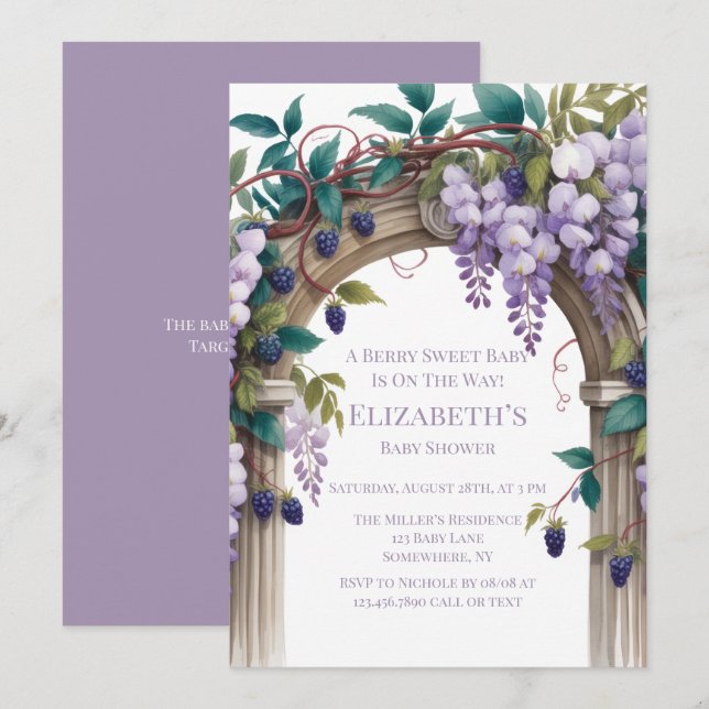 Invitation Fête Prénatale Mixte Mûres & Wistéria (Devant / Derrière)