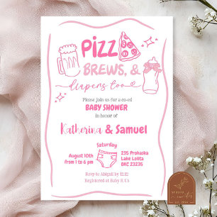 Invitation Fête Prénatale Mixte Pink Pizza, Bières et Couches