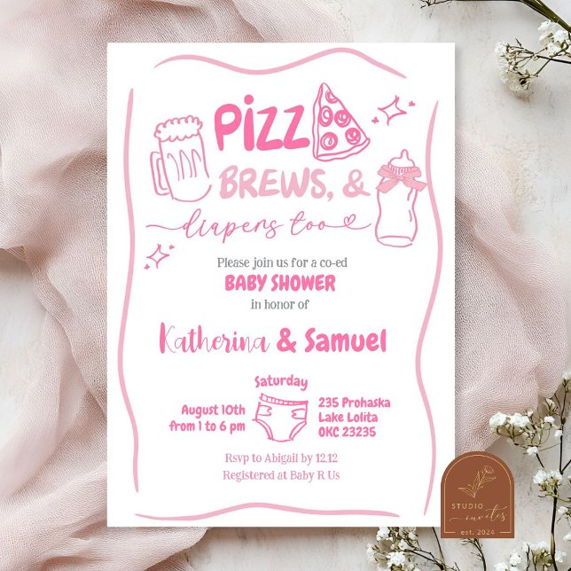 Invitation Fête Prénatale Mixte Pink Pizza, Bières et Couches (Créateur téléchargé)