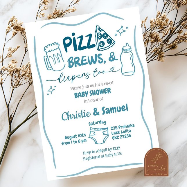 Invitation Fête Prénatale Mixte Pizza Bleue, Bières et Couche (Créateur téléchargé)