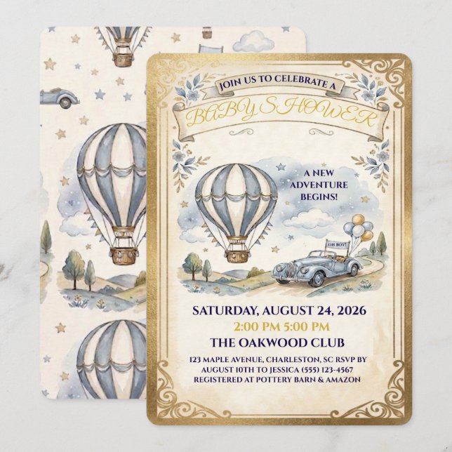 Invitation Fête Prénatale Montgolfière Vintage (Devant / Derrière)