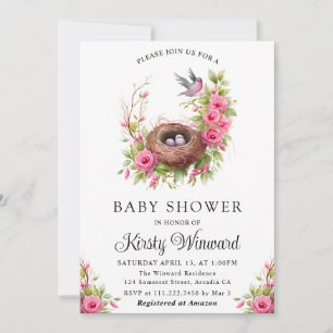 Invitation Fête Prénatale Nid de Printemps Oiseau Floral Aqua