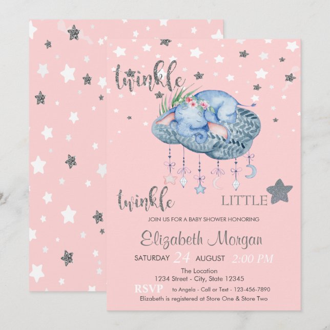 Invitation Fête Prénatale Nuage d'Éléphant Petite Étoile (Devant / Derrière)