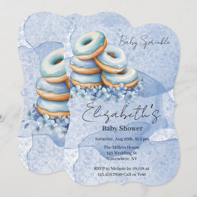 Invitation Fête Prénatale Oh Boy Blue Donuts Bébé  (Devant / Derrière)
