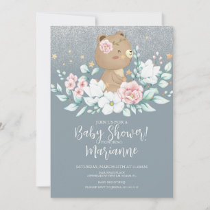 Invitation Fête Prénatale Ourson Fleurs Paillettes Rose Bleu