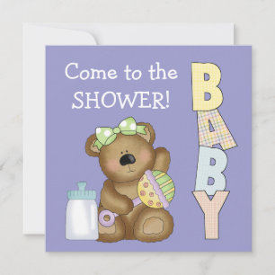 Invitation Fête prénatale + Ourson mignon avec hochet bébé +