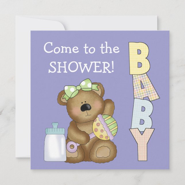 Invitation Fête prénatale + Ourson mignon avec hochet bébé +  (Devant)