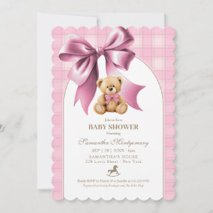 Invitation Fête Prénatale Ourson Préppy Carreaux Roses Fille