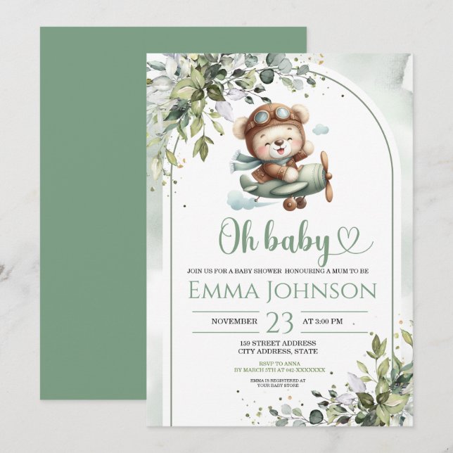 Invitation Fête Prénatale Ourson Vintage Avion (Devant / Derrière)
