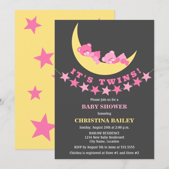 Invitation Fête Prénatale Oursons Jumelles (Devant / Derrière)