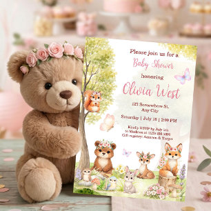Invitation Fête Prénatale Petite Fille de la Forêt Animaux de