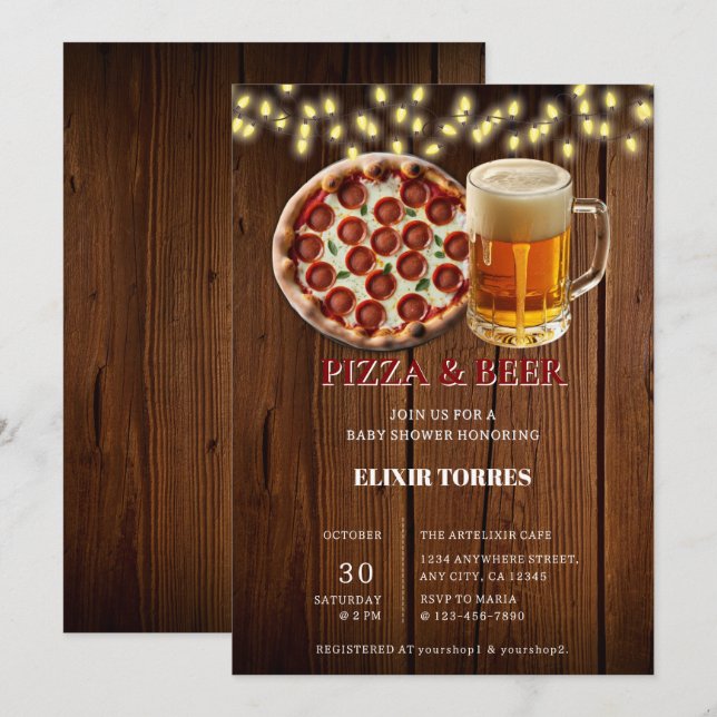 Invitation Fête Prénatale Pizza & Bière Rustique (Devant / Derrière)