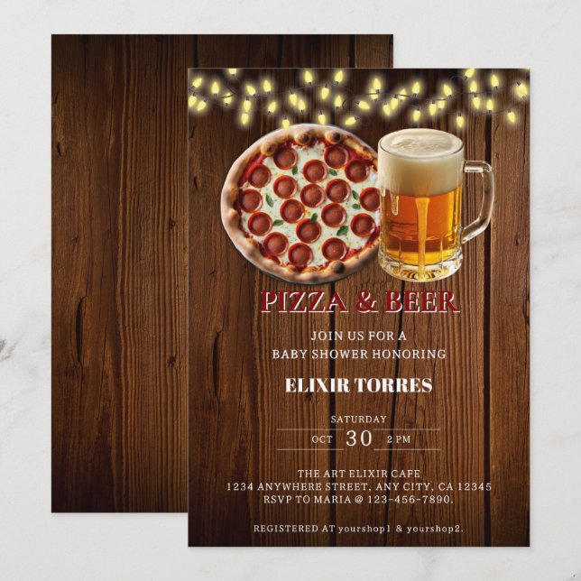 Invitation Fête Prénatale Pizza & Bière Rustique (Devant / Derrière)
