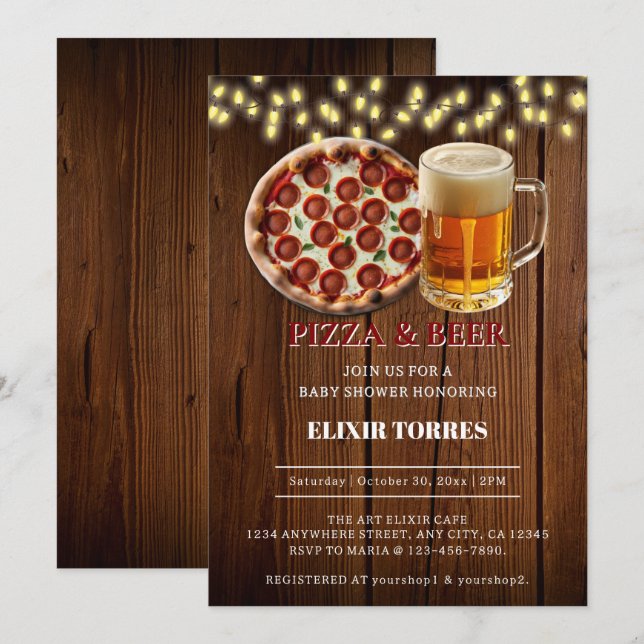 Invitation Fête Prénatale Pizza & Bière Rustique (Devant / Derrière)