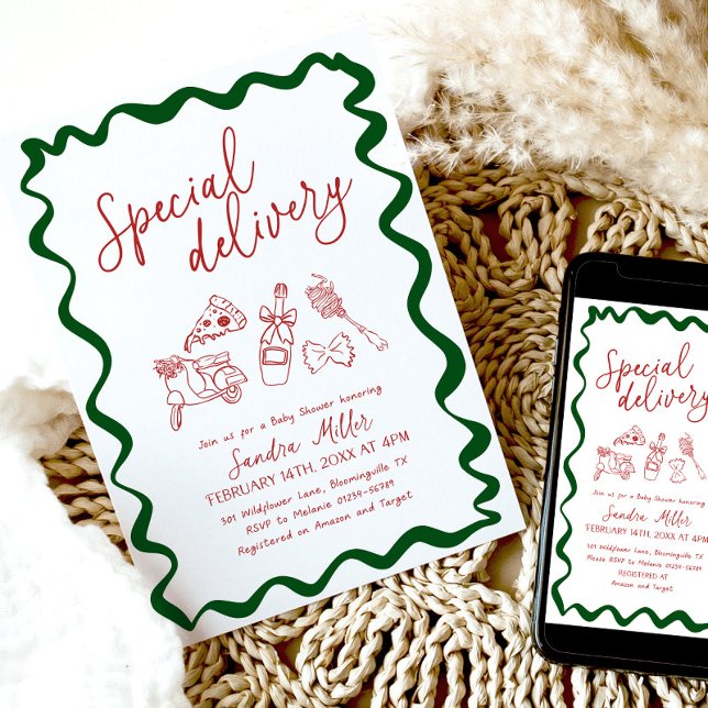 Invitation Fête Prénatale Pizza Spéciale Livraison Italienne (Special Delivery Italian baby shower invitation)