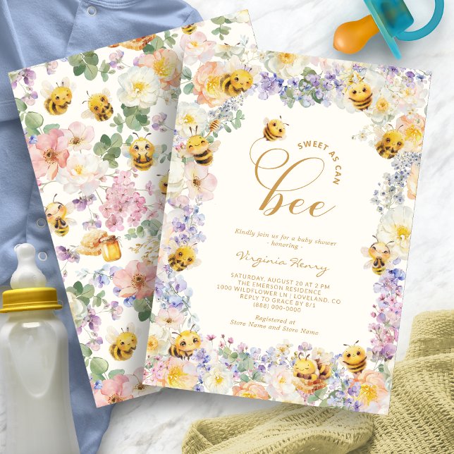 Invitation Fête Prénatale pour Bébé Abeille (Watercolor Floral Bee Baby Shower Invitation by Painted Paperie
)