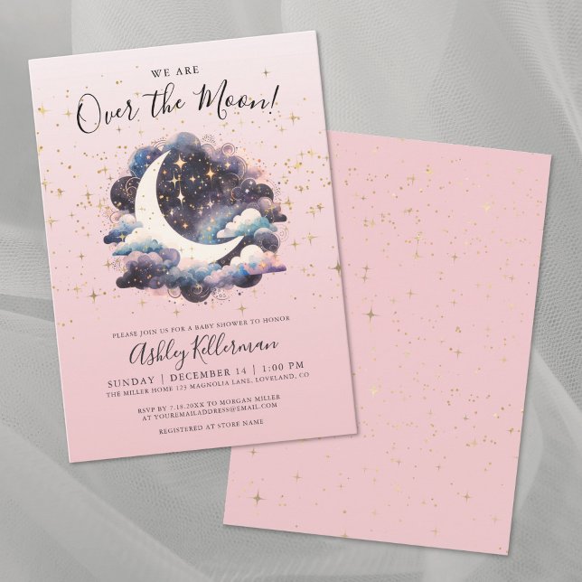 Invitation Fête Prénatale pour Bébé Fille au-Dessus de la Lun (Girl Over The Moon Baby Shower Invitation)