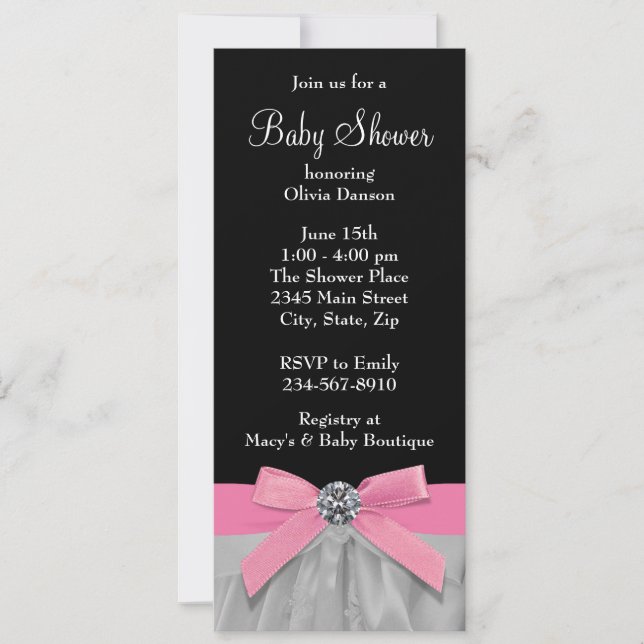 Invitation Fête Prénatale pour Bébé Fille Rose et Noir (Devant)
