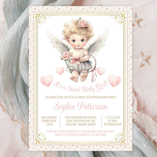 Invitation Fête prénatale pour bébé fille Saint Valentin Chér (Cute sweetheart angel baby shower invitation. Instant download and printed invitations available.)