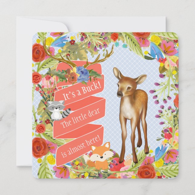 Invitation Fête Prénatale pour Bébé Garçon Cerf de la Forêt (Devant)