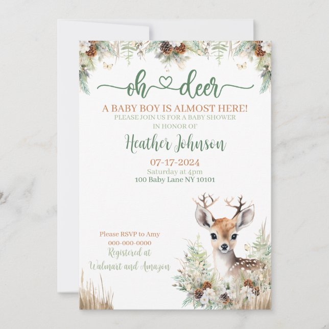 Invitation Fête Prénatale pour Bébé Garçon Cerf de la Forêt (Devant)