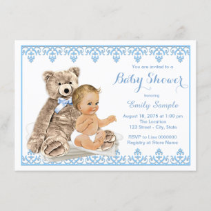 Invitation Fête Prénatale pour Bébé Garçon Ours en Peluche Te