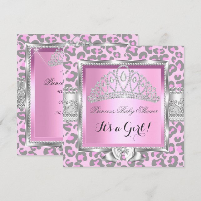 Invitation Fête prénatale pour bébé princesse Rose Gris Léopa (Devant / Derrière)
