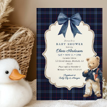 Fête Prénatale pour Garçon Ourson Tartan Bleu Mari