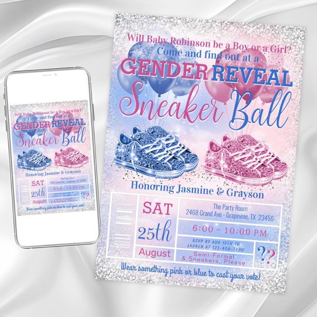 Invitation Fête Prénatale pour la Révélation du Sexe du Bébé  (Sneaker ball gender reveal invitation. Instant download and printed invitations available.)