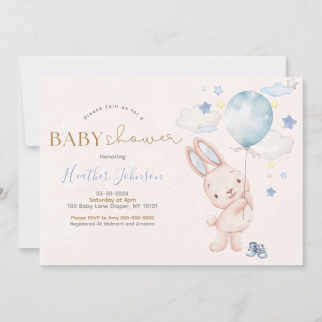 Invitation Fête prénatale pour un bébé lapin garçon (Devant)