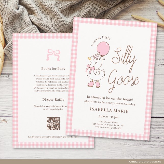 Invitation Fête Prénatale pour un Petit Bébé Canard Rose Doux (The front and back of the invitation shown in a 5x7-inch size. Choose size, paper, and corner style.)