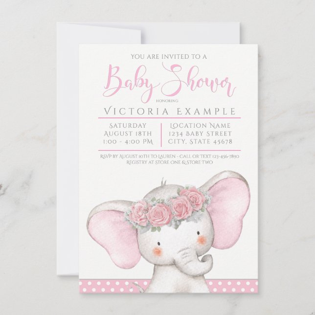 Invitation Fête Prénatale pour une Adorable Bébé Éléphante Fé (Devant)