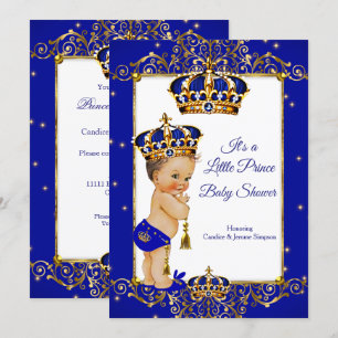 Invitation Fête prénatale Prince Boy Bébé Bleu Royal Or Brune