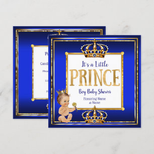 Invitation Fête prénatale Prince Boy Bébé Bleu Royal Or Brune
