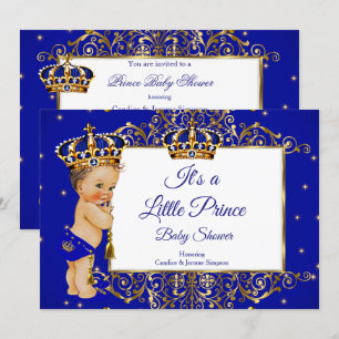 Invitation Fête prénatale Prince Boy Bébé Royal Bleu Or Brune