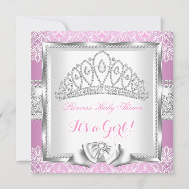 Invitation Fête Prénatale Princesse Bébé Fille Rose Argent De (Devant)