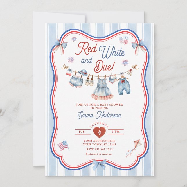 Invitation Fête Prénatale Rouge Blanc et Bébé Fille à Naître (Devant)