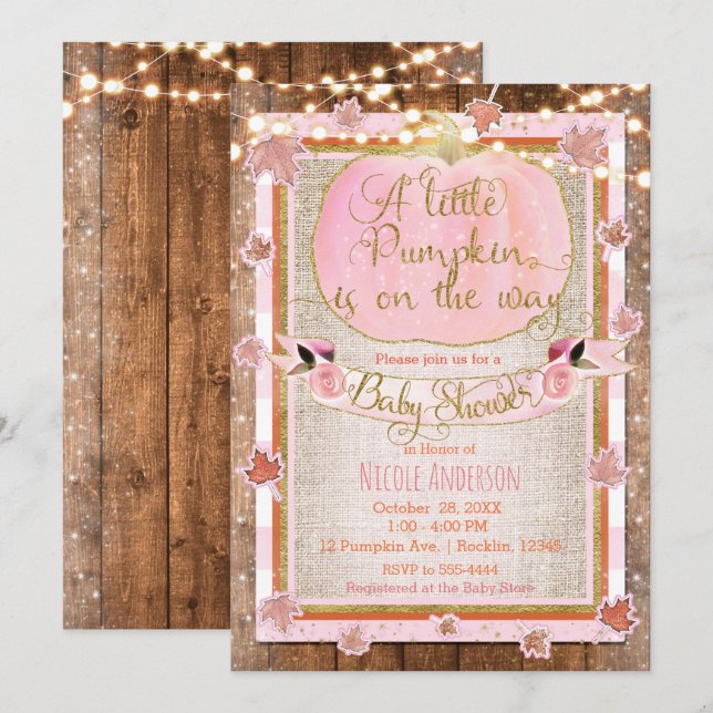 Invitation Fête Prénatale Rustique Citrouille Rose et Feuille (Devant / Derrière)