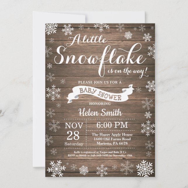 Invitation Fête Prénatale Rustique d'Hiver Flocon de Neige Bl (Devant)