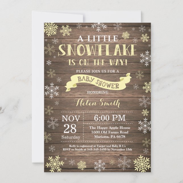 Invitation Fête Prénatale Rustique d'Hiver Flocon de Neige Ja (Devant)