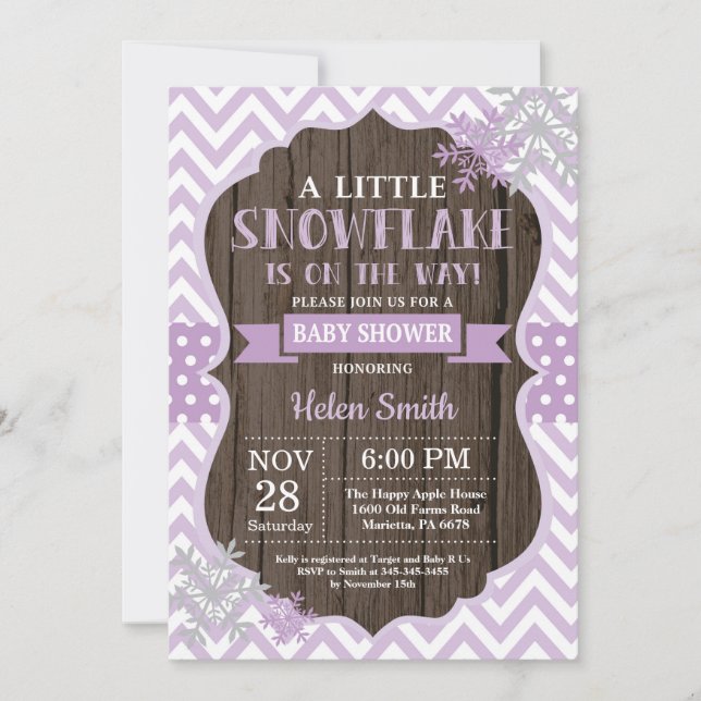 Invitation Fête Prénatale Rustique d'Hiver Flocon de Neige Vi (Devant)
