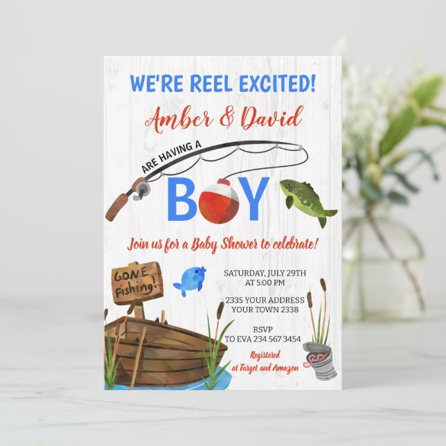Invitation Fête Prénatale sur le Thème de la Pêche avec une B (Debout devant)
