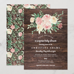 Invitation Fête prénatale surprise Floral Blush Bois Rustique