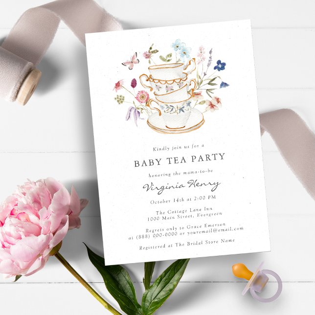 Invitation Fête Prénatale Tea Party (Beautiful Wildflower Baby Shower Tea Party Invitation by Painted Paperie)