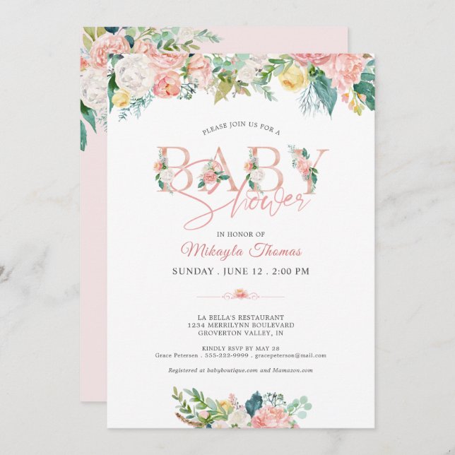 Invitation Fête Prénatale Typographie Rose Gold Rose Foncé Fl (Devant / Derrière)