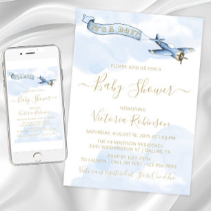 Invitation Fête Prénatale Vintage Avion Garçon Bleu Or